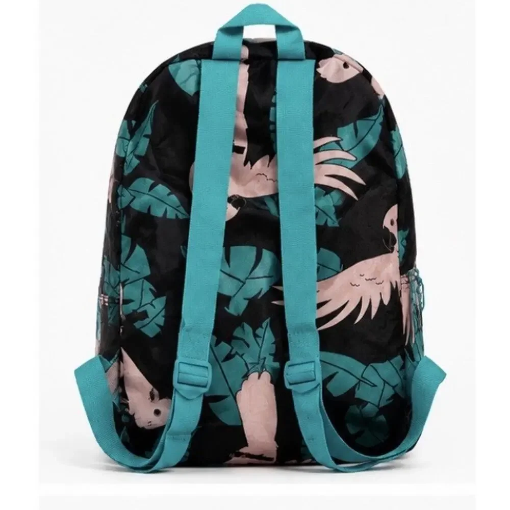 Parrot Tropical Print Backpack Black Teal Lightweight School Travel Daypack Bag